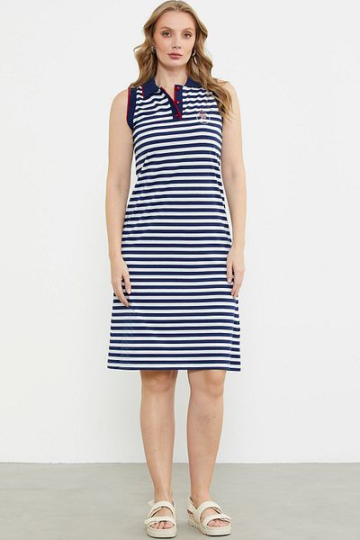 Sementa Polo Neck Marine Striped Dress - Navy Blue