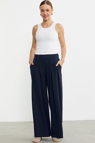 Sementa Navy Blue Flounced Loose Cut Crepe Trousers