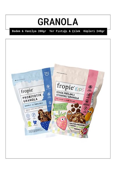 FROPİE Fropie Almond Vanilla and Kids Peanut Strawberry Cubes Granola Package