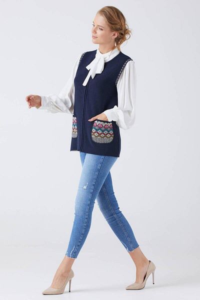 Sementa Women's Zippered Knitwear Vest with Pockets - Navy Blue - Cream