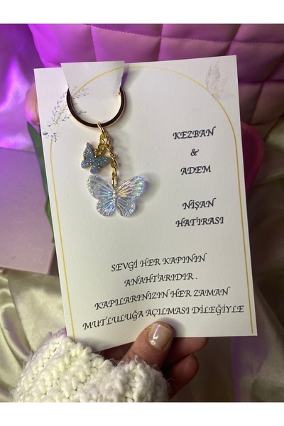 TATLIŞ 10 ADET Mavi tonlarında hologramlı kelebek nişan süsü , söz düğün hatırası kart+jelatin dahil