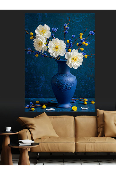 KanvasSepeti Flori albe într-o vază albastră Pictură în ulei Texturată Pânză ...