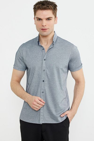 Sementa Γκρι Slim Fit Σύντομο χτενισμένο βαμβακερό πουκάμισο