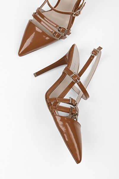 Shoeberry Women's Jasmin Caramel Patent Leather Belt Buckle Stiletto