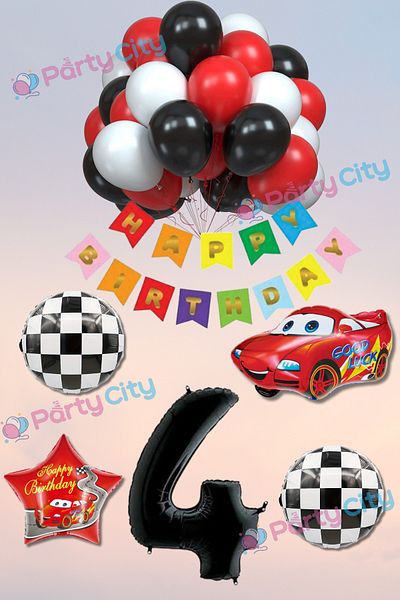 Party City Σετ μπαλονιών γιορτής γενεθλίων με θέμα το αυτοκίνητο 4 ετών Happy Birthday Πολύχρωμο γραμμένο