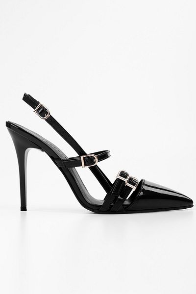 Shoeberry Damen-Stiletto mit Gürtelschnalle aus schwarzem Lackleder von Jasmin