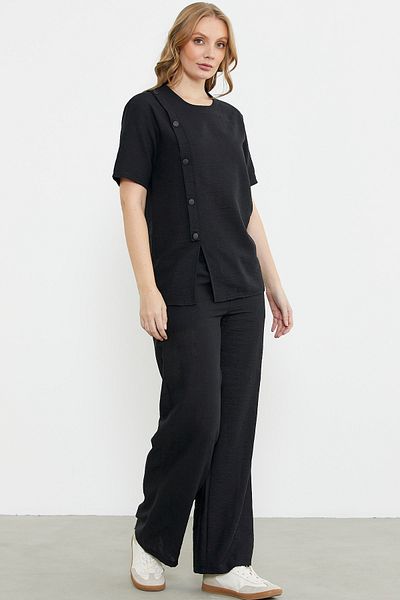 Sementa Button Detailed Linen Look Comfortable Set - Black