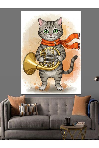 karizmart Cute Cat Playing Trombone Decorative Canvas - Mdf Wooden Painting