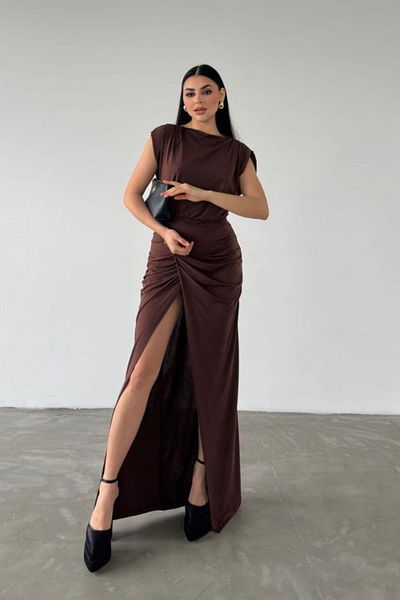 Mossta Dress: Long Sandy Brown Dress with Waist Shirring Slit