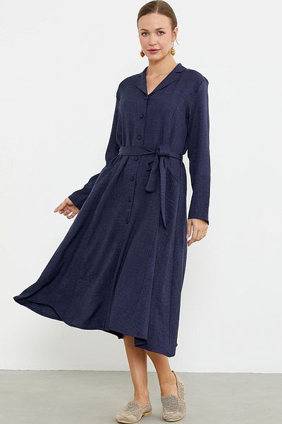 Sementa Φόρεμα με μακρυμάνικο πουκάμισο Linen Look - Navy Blue