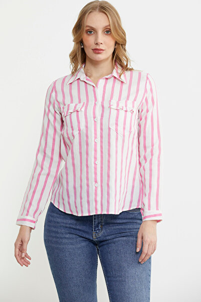 Sementa Cep Detaylı Çizgili Gömlek - Fuşya