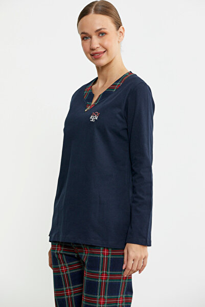 Sementa Plain Combination Plaid Pajama Suit - Navy Blue