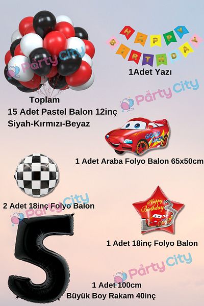 Party City Σετ μπαλονιών γιορτής γενεθλίων με θέμα το αυτοκίνητο 5 ετών Happy Birthday με πολύχρωμα γράμματα