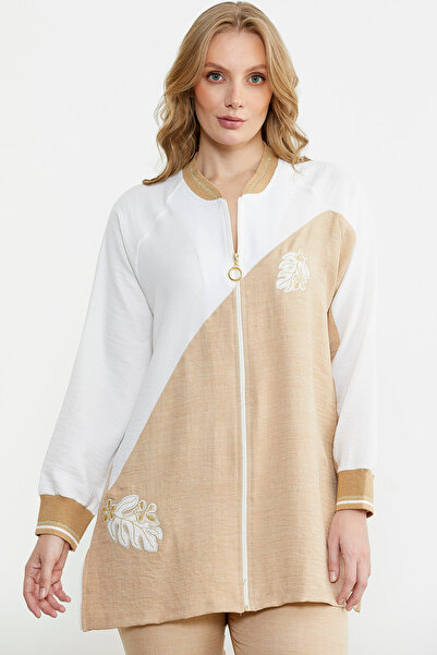 Sementa Zipper Closed Embroidered Beige Tunic Set