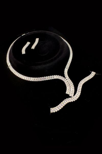 ayvalı Women's Zircon Stone Silver Baguette Waterway Necklace Bracelet Earrings Jewelry Set Set