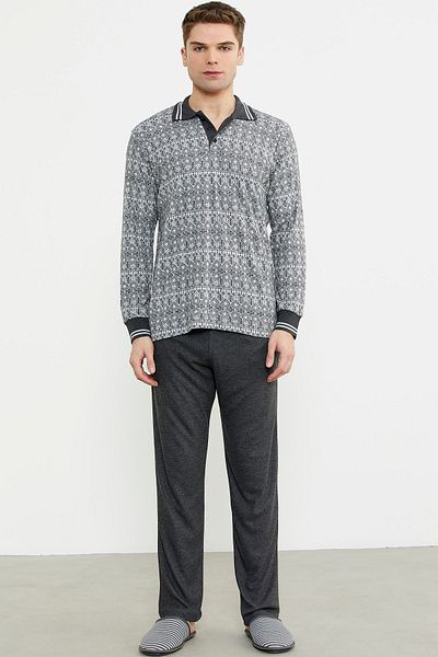 Sementa Σετ πιτζάμες με μαλακή υφή Polo Neck - Anthracite