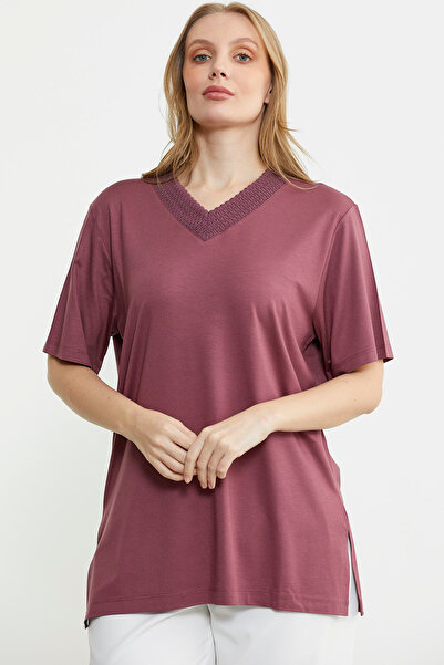 Sementa Short Sleeve V Knitwear Collar Blouse - Rose