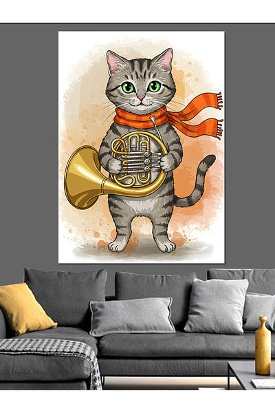 karizmart Cute Cat Playing Trombone Decorative Canvas - Mdf Wooden Painting