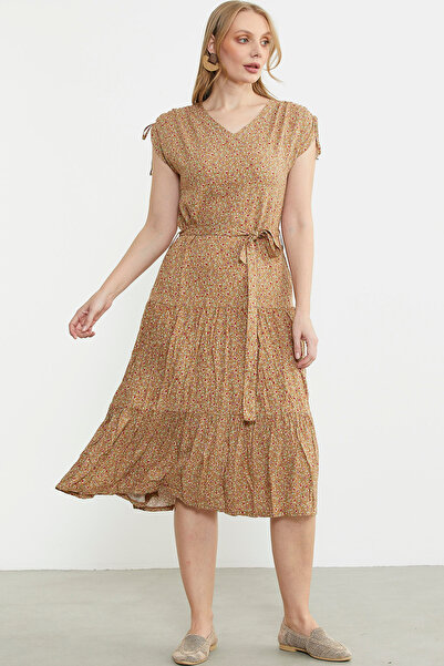 Sementa Çiçek Desenli Rahat Kalıp Elbise - Kahve