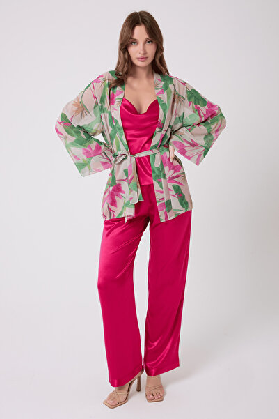 Loomiro طقم بيجامة شيفون 3 قطع من الساتان LMR3111