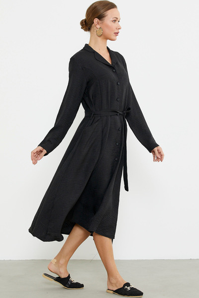 Sementa Φόρεμα με μακρυμάνικο πουκάμισο Linen Look - Μαύρο