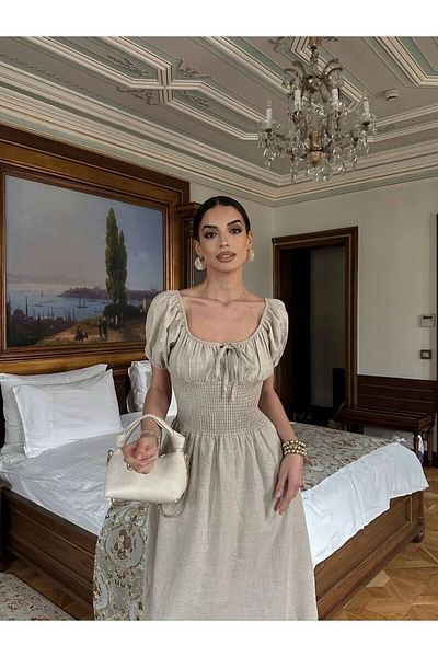 Femistik Γυναικείο Μίντι Φόρεμα με Τετράγωνο Γιακά Gipeli Raw Linen