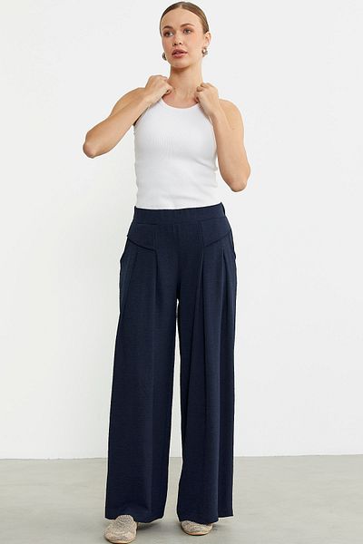 Sementa Navy Blue Flounced Loose Cut Crepe Trousers