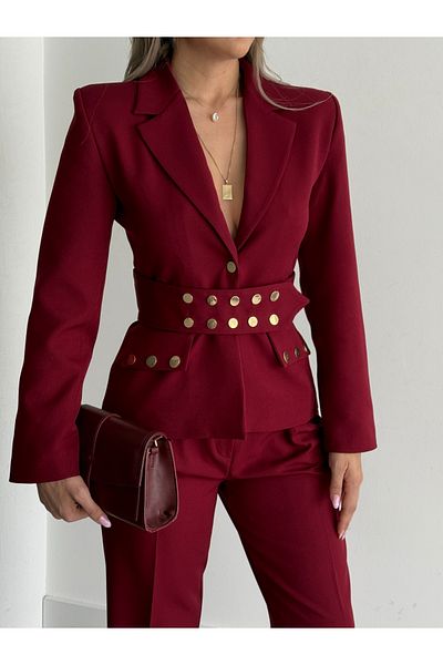 HOEK Women's Burgundy Belted Jacket Pants Suit
