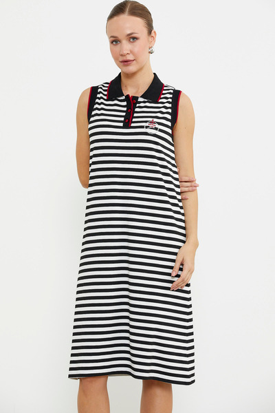 Sementa Polo Neck Marine Striped Dress - Black