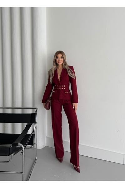 HOEK Kadın Bordo Kemerli Ceket Pantolon Takım Elbise