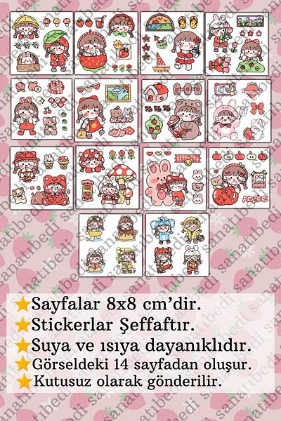 sanatıbedi 14 Sheets Transparent Strawberry Cute Water Resistant Sticker Set- Laptop Phone Notebook Sticker