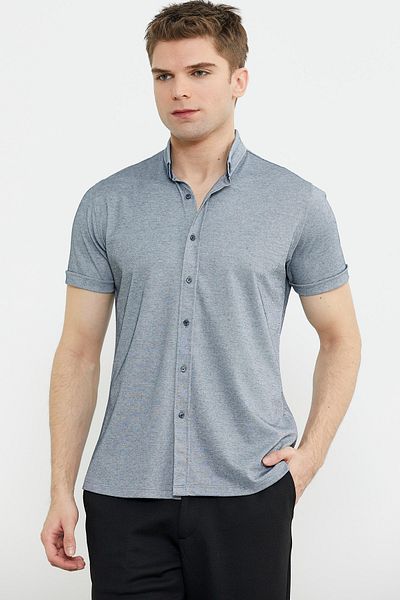 Sementa Γκρι Slim Fit Σύντομο χτενισμένο βαμβακερό πουκάμισο