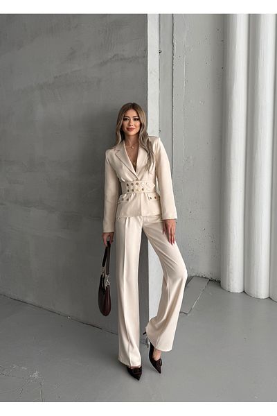 HOEK Women's Cream Belted Jacket Pants Suit