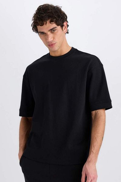 DeFacto Νέα σεζόν Loose Fit Crew λαιμόκοψη κοντομάνικο βαρύ ύφασμα Basic μασίφ μπλουζάκι