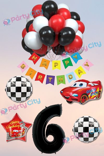 Party City Σετ μπαλονιών γιορτής γενεθλίων με θέμα το αυτοκίνητο 6 ετών Happy Birthday Πολύχρωμο γραμμένο