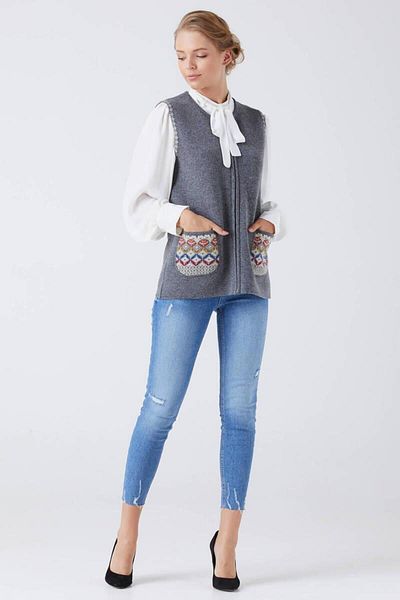 Sementa Women's Zippered Knitwear Vest with Pockets - Dark Gray - Cream