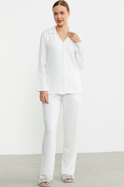 Sementa Gömlek Model Nakışlı Pijama Takım - Ekru