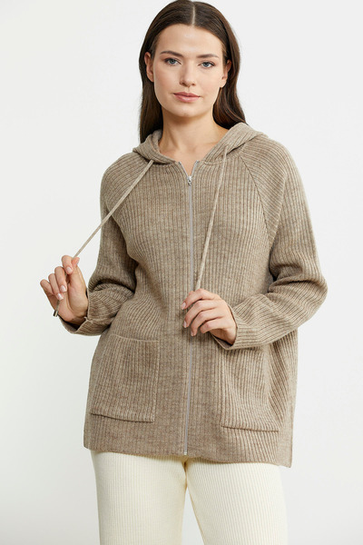 Sementa Dark Beige Hooded Wool Knitwear Cardigan - Full Zip Detail