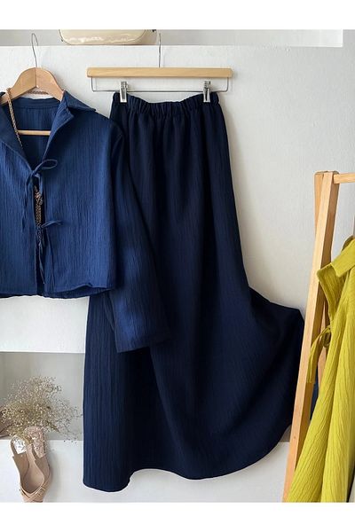 fh fashionhere Women's Relaxed Cut Navy Blue Kimono Two-Tie Seersucker Fabric Skirt Hijab/Daily Suit