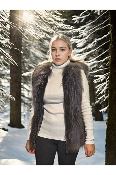 ERTAŞ TREND STORE Women's Premium Fur Sleeveless Zippered Vest - Black