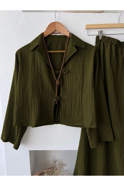 fh fashionhere Women's Relaxed Fit Military Green Kimono Two-Tie Seersucker Skirted Hijab/Daily Suit