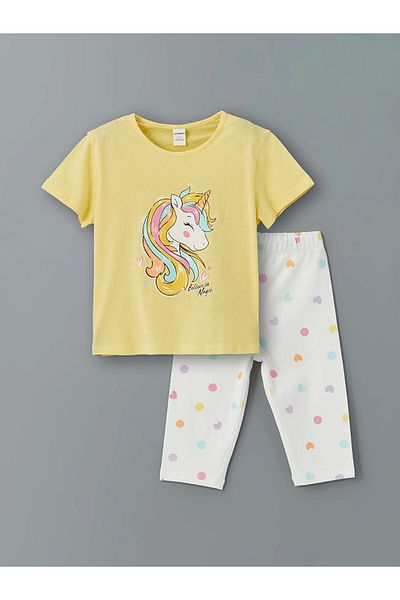 LC Waikiki Lcw Kids Yellow Crew Neck Printed Girls' T-Shirt and Leggings 2-Pack