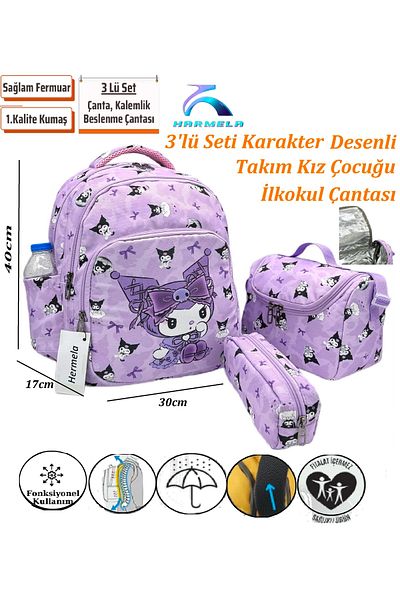 Bevitton Lilac Primary School Bag for Girl - Set of 3 with Character Pattern