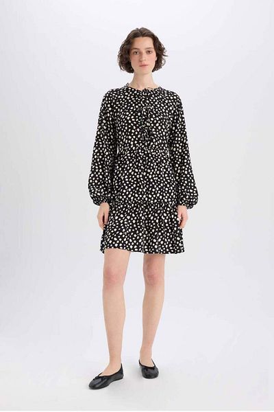 DeFacto New Season Crew Neck Polka Dot Long Sleeve Mini Dress