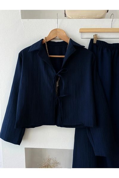 fh fashionhere Women's Relaxed Cut Navy Blue Kimono Two-Tie Seersucker Fabric Skirt Hijab/Daily Suit