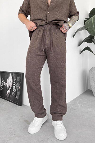 HAFKA Brown Muslin Flower Embossed Detail Baggy Trousers