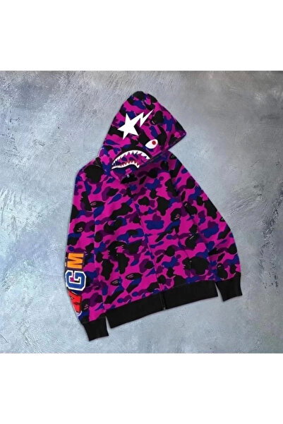 Genel Markalar Unisex 2 İplik Bape Kapüşonu Fermuarlı Hırka - Mor
