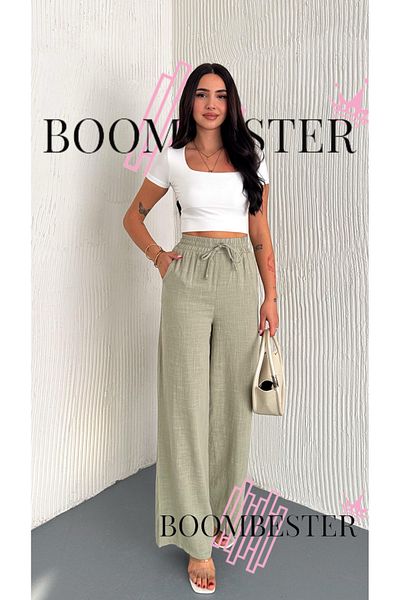 BoomBester Women's Linen Elastic Waist Palazzo Trousers - Lined Relaxed Fit Loose Wide Leg Summer Palazzo