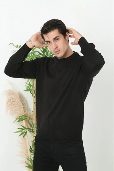 FREEDOM STOREE Men's Crew Neck Sweater Long Sleeve Woven Knitwear - Black