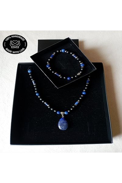Asteria Elite Onyx Lapis Hematite Power, Wisdom and Evil Eye Protection Necklace Bracelet Set